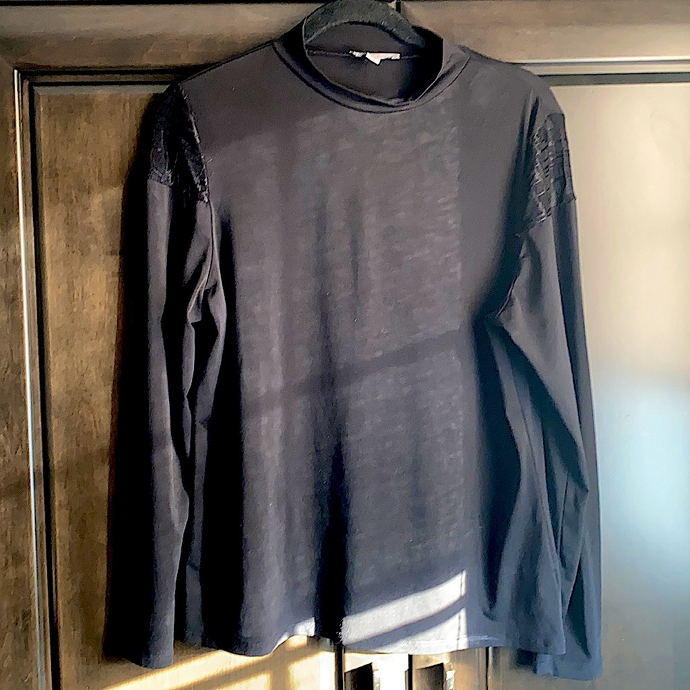 Halston black mock neck long sleeve tee with see through mesh shoulders